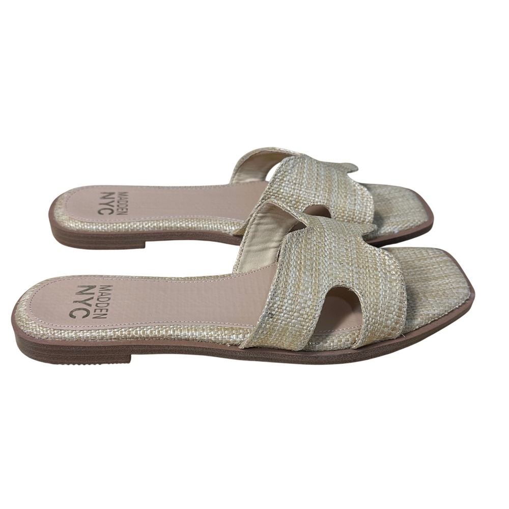Madden NYC Women Natural Straw Slide Sandal Flat Square Toe Slip On Shoes Size 8